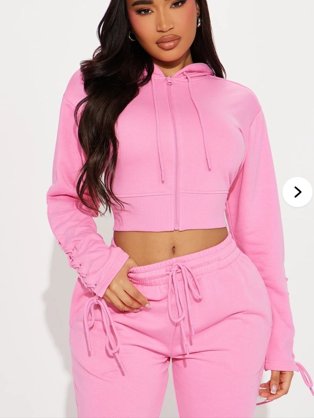 Fashion Nova Pink Cropped Zip Hoodie with Lace-Up Cuffs
